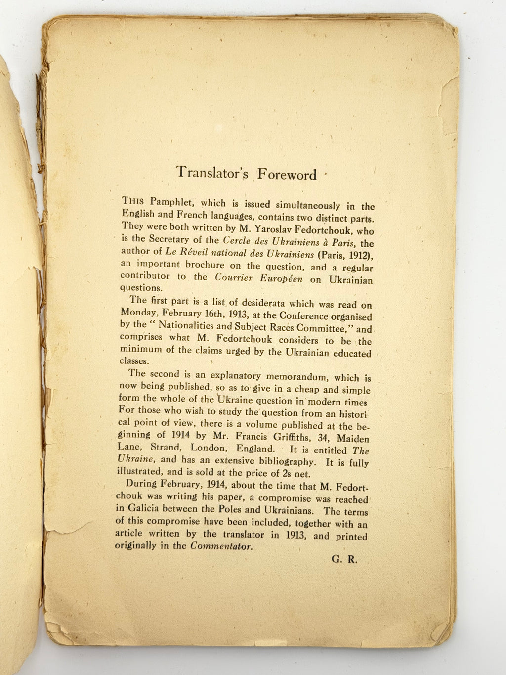 Федорчук Ярослав. Memorandum on the Ukrainian Question in its National Aspect. Лондон, 1914