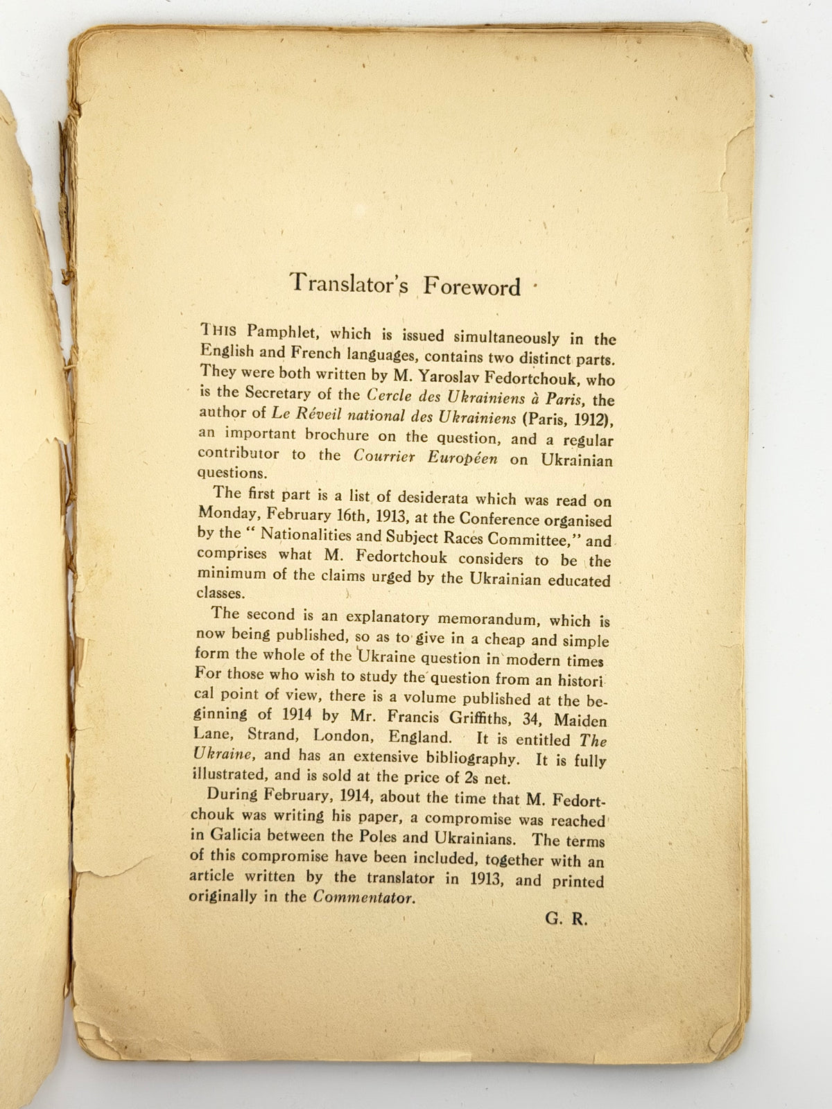 Федорчук Ярослав. Memorandum on the Ukrainian Question in its National Aspect. Лондон, 1914
